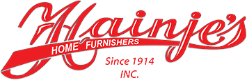 A red and white logo for laird furnishers.