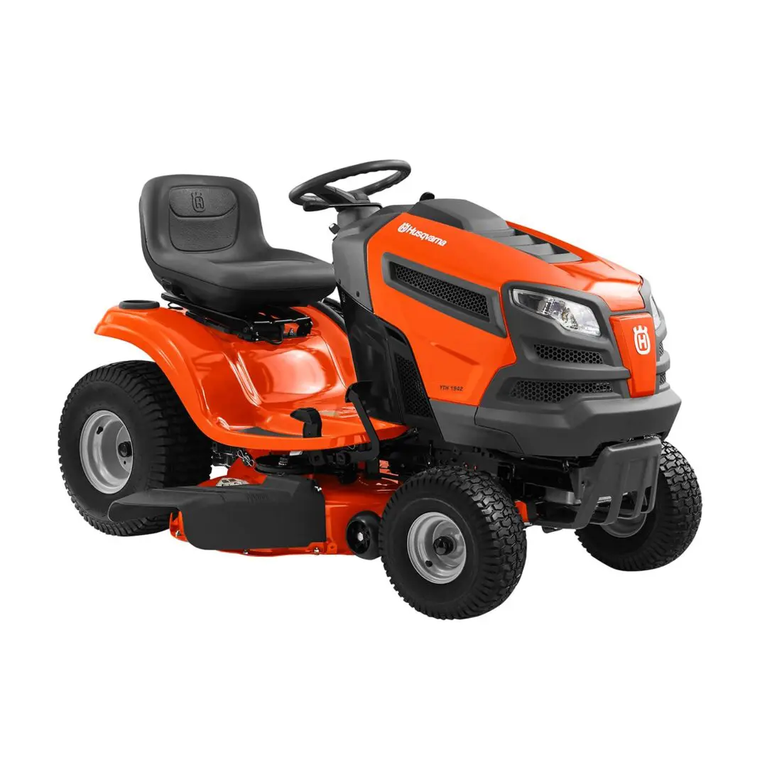 A red lawn mower with black seats and wheels.