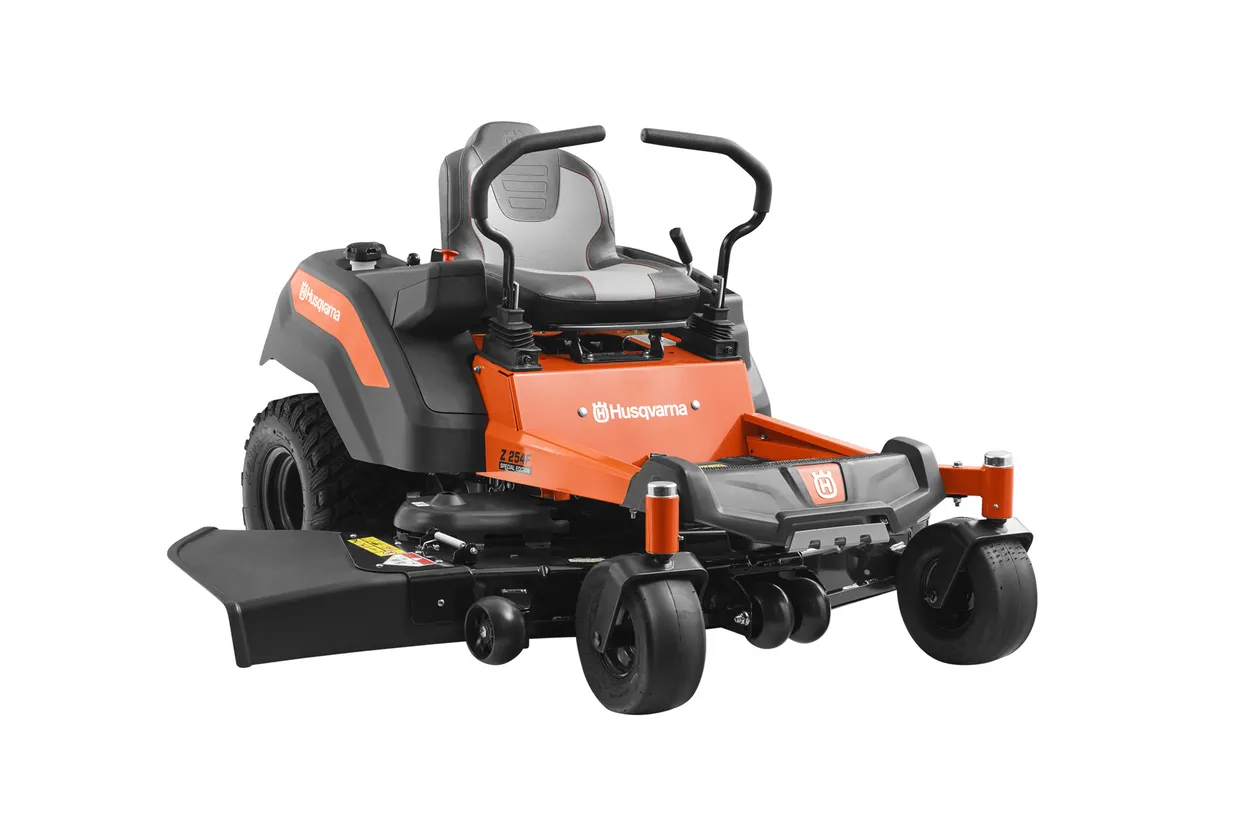 A lawn mower with an orange and black color scheme.