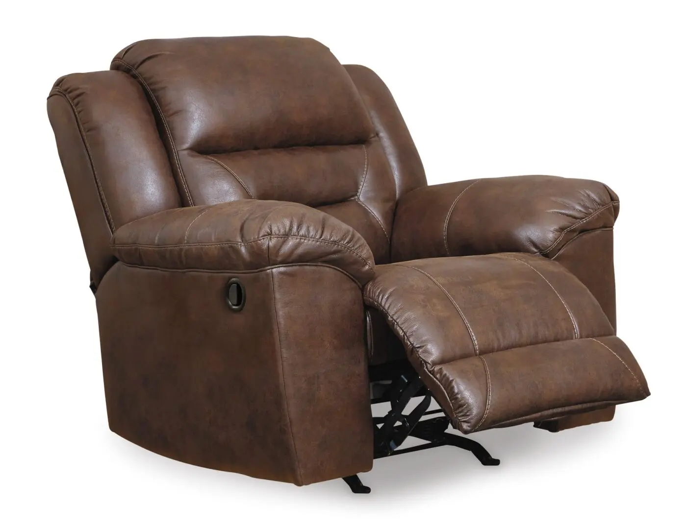 A brown leather recliner chair with two pillows.
