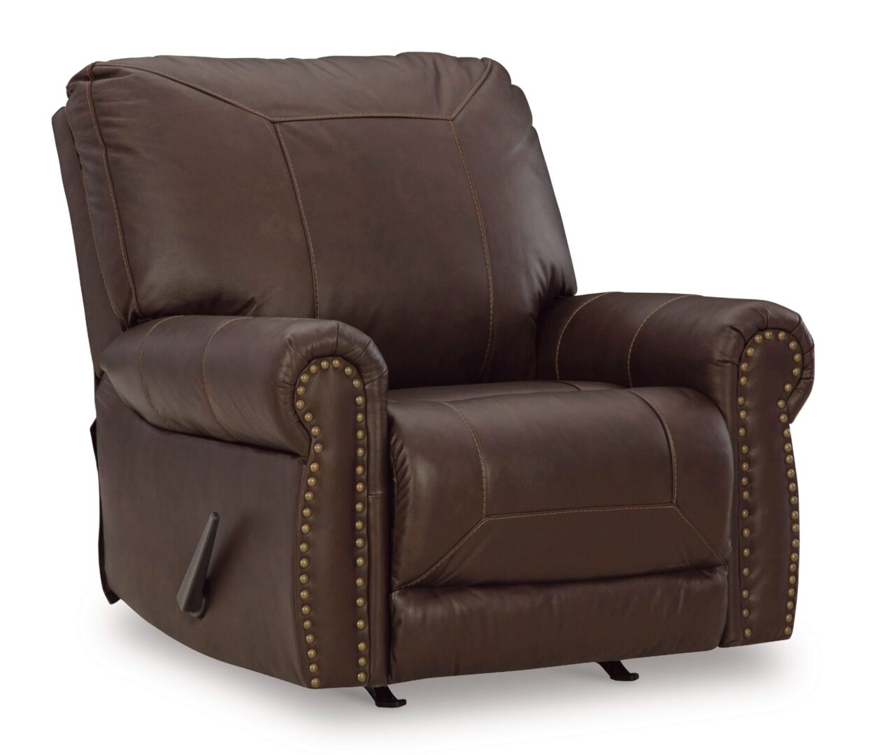 A brown leather recliner with nailhead trim.