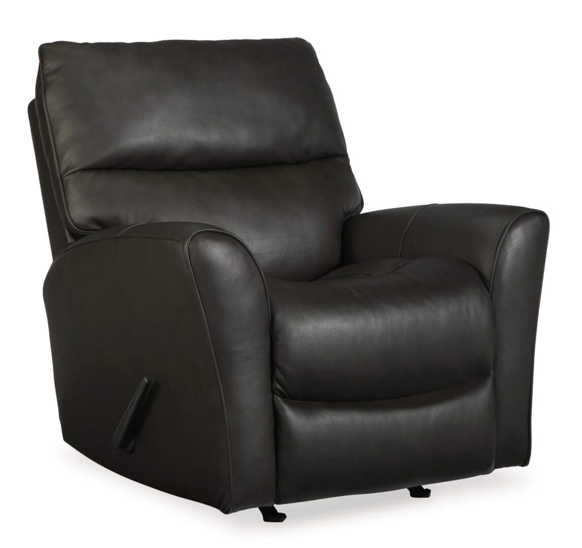 A black leather recliner chair with arms and back.