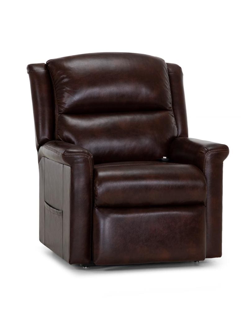 A brown leather recliner with arm rests and a cup holder.