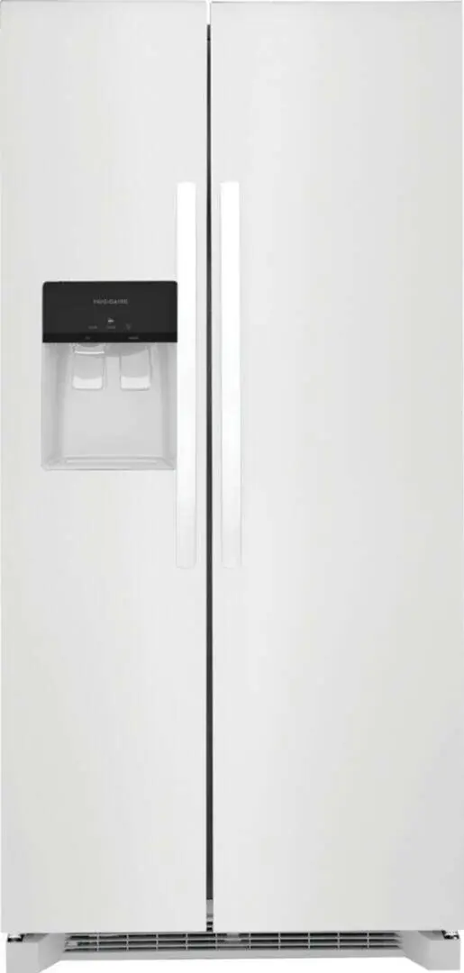 A white refrigerator with two doors and a black handle.