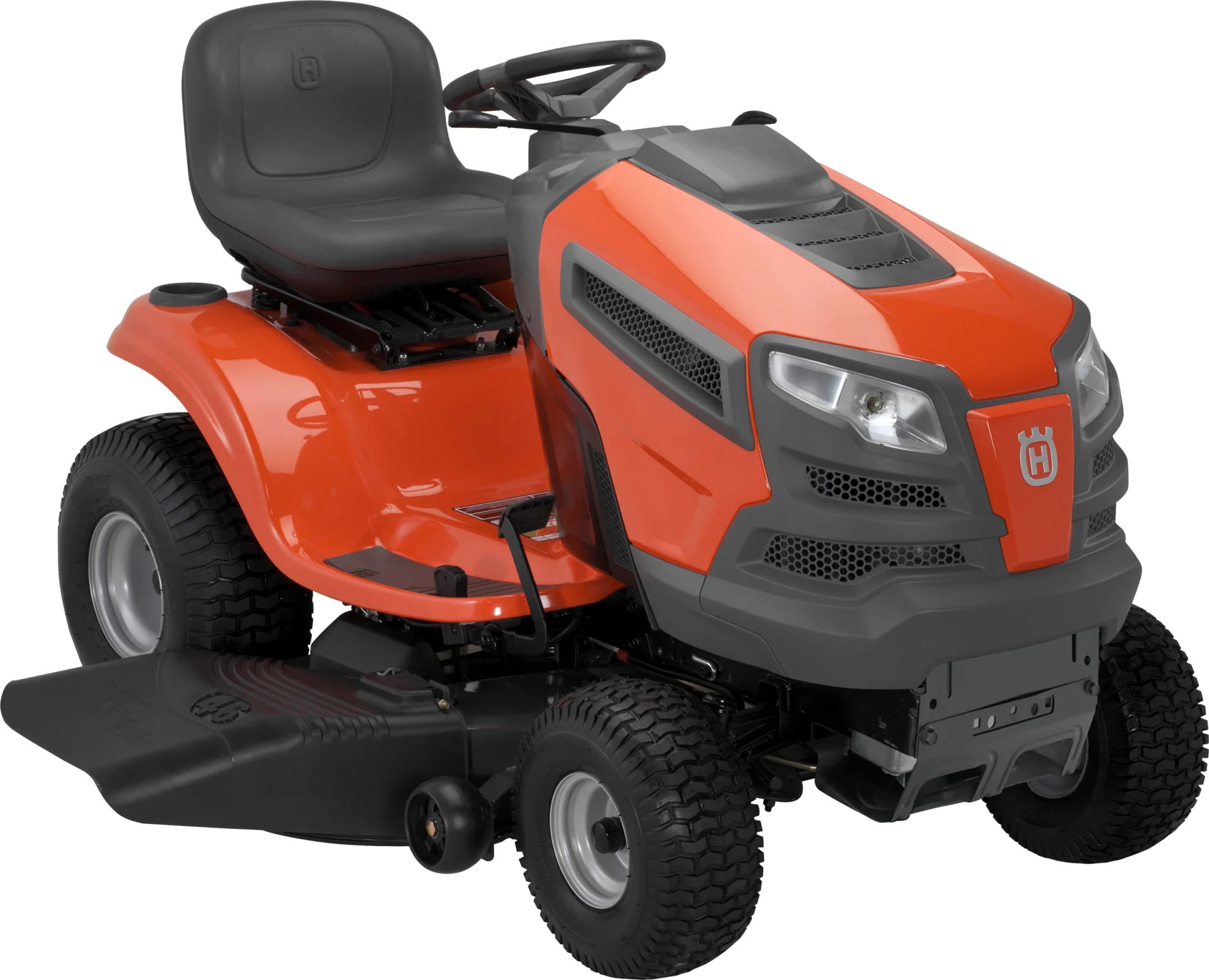 A red lawn mower with black wheels and seat.