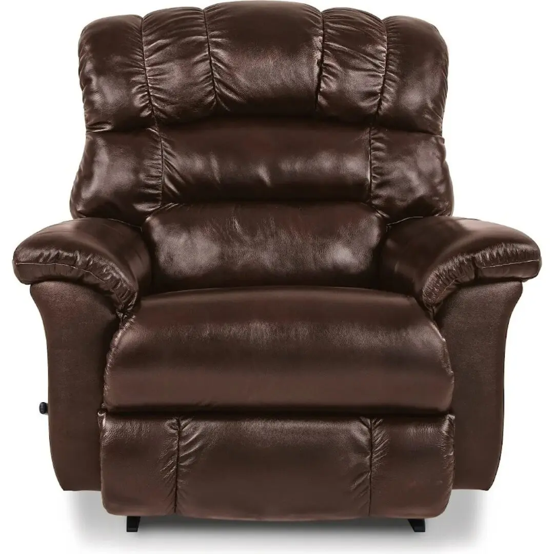 A brown leather recliner with arm rests and foot rest.