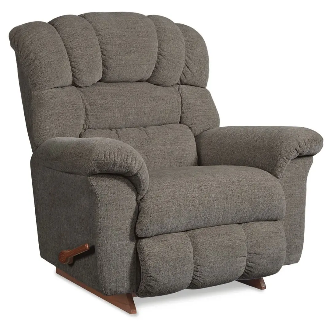 A gray recliner with arm rests and foot rest.