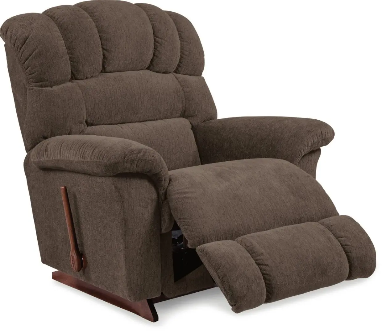 A brown recliner with wooden arms and legs.