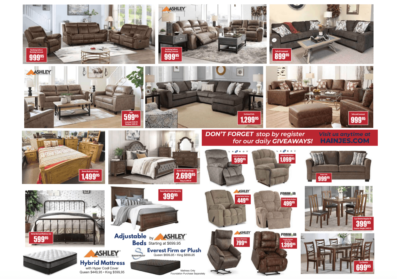 Furniture store catalog page with sofas and beds